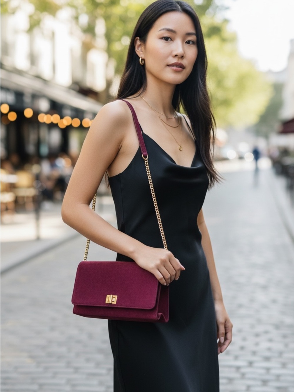 Fuchsia Suede Clutch Crossbody Bag Gold Chain Evening Purse